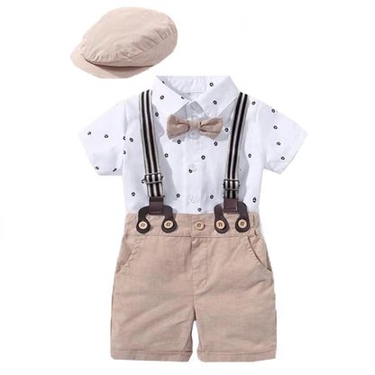 Newborn Boys Gentleman Clothes Outfit Suit Set Baby Tie Bow Hat + Sailboat Printed Romper + Shorts Suspender Infant Kid Clothing