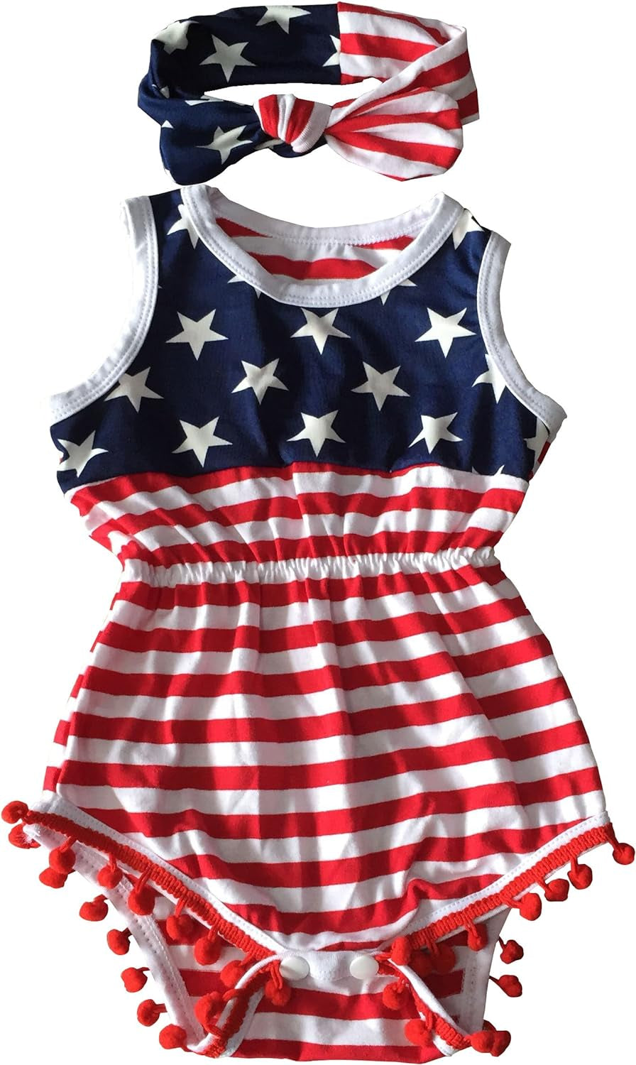 4Th of July Toddler Baby Girl American Flag Tassel Romper with Headband