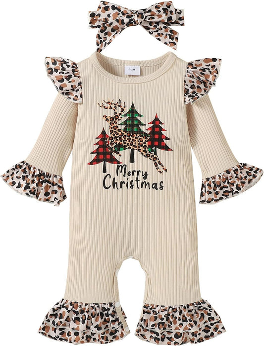 Newborn Baby Girl Christmas Outfits Infant Christmas Romper Cute Ruffle Jumpsuit Bodysuit Kids One-Piece Clothes Fall