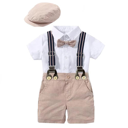 Newborn Boys Gentleman Clothes Outfit Suit Set Baby Tie Bow Hat + Sailboat Printed Romper + Shorts Suspender Infant Kid Clothing